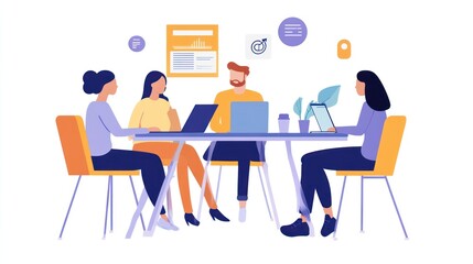 Team meeting around table, collaborating on laptops.