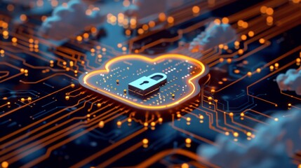 Abstract illustration of cloud security services, stylized cloud icon integrated with a secure padlock symbol, representing data protection and cybersecurity in cloud computing environments