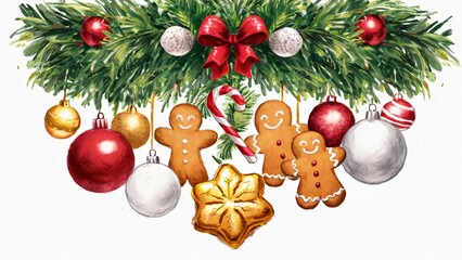 Painting of gingerbread cookies and colorful Christmas balls