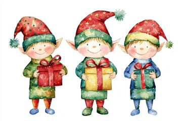 Whimsical Christmas Elves with Gifts Wearing Colorful Hats in a Festive Watercolor Style, Perfect for Holiday Themes and Seasonal Decorations