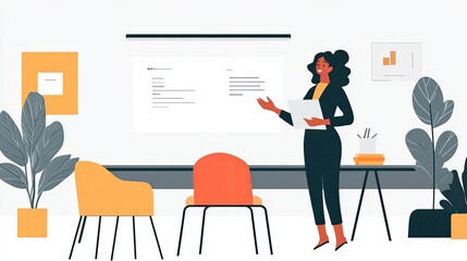 Smiling businesswoman giving presentation in modern office.