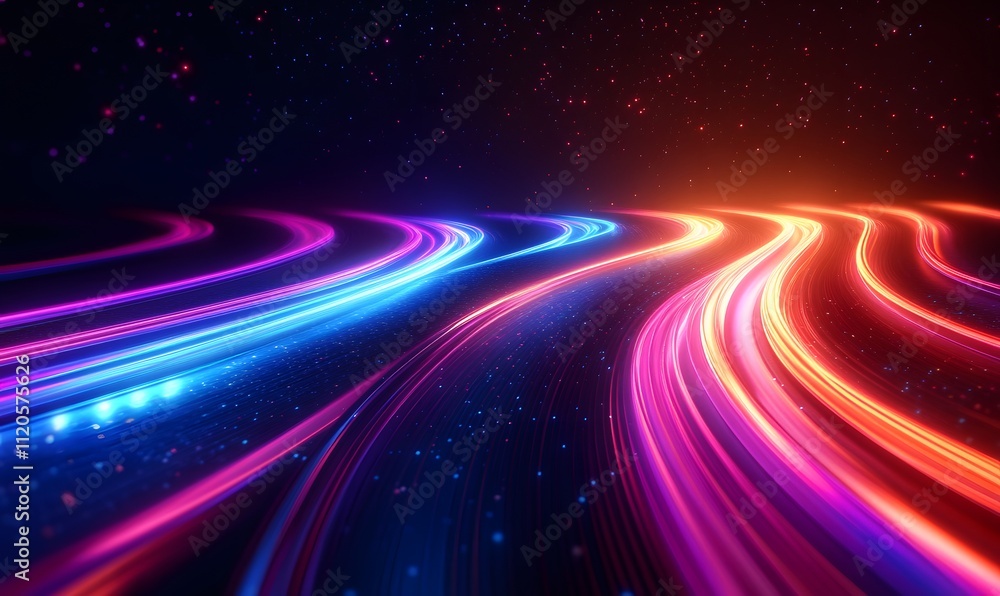 Poster multicolored neon wavy lines creating an energetic trail across a dark void