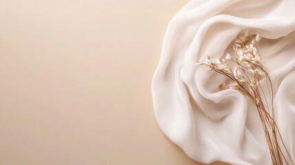 Obraz premium Balanced layout of white scarf, twine, and soft reed flowers over beige, peaceful atmosphere, ideal for branding with open space