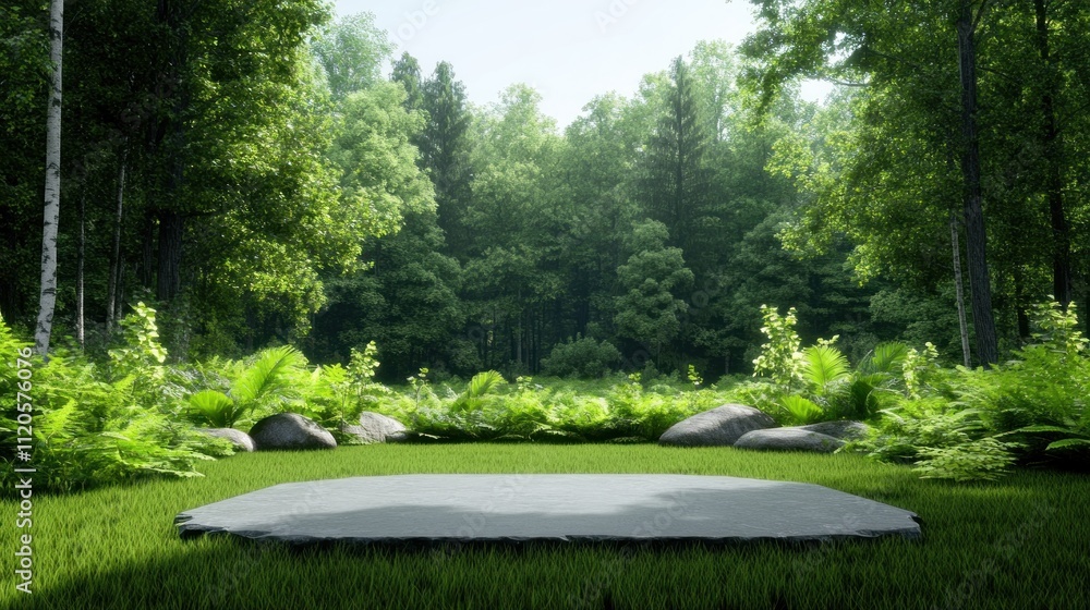 Poster serene forest clearing with a flat surface surrounded by greenery.