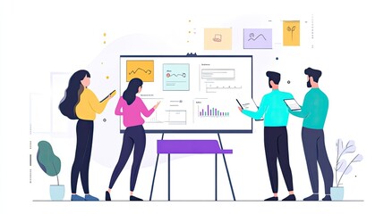 Fototapeta premium Team collaborating on a project using digital devices and a large whiteboard displaying charts and graphs.