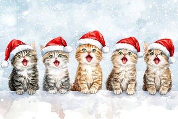Adorable Group of Five Kittens Wearing Santa Hats Against a Snowy Background, Perfect for Holiday Greetings and Seasonal Decorations