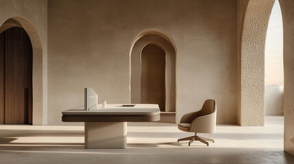 A minimalist office space featuring a sleek desk and ergonomic chair in a serene environment.