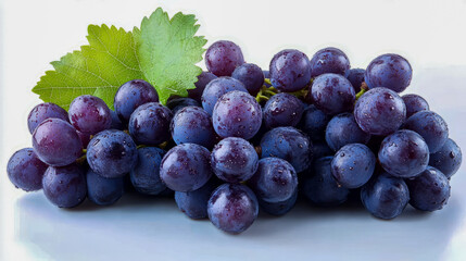 Fototapeta premium Fresh juicy purple grapes with green leaf and water droplets