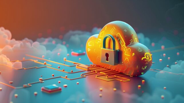 Abstract illustration of cloud security services, stylized cloud icon integrated with a secure padlock symbol, representing data protection and cybersecurity in cloud computing environments