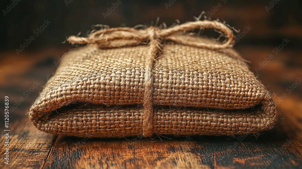 Poster Rustic burlap package on wooden surface with string tie