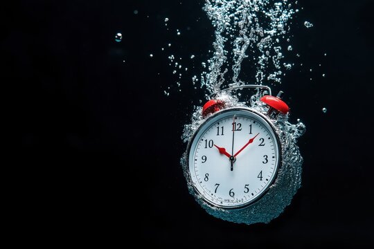 Vintage alarm clock submerged underwater with air bubbles floating in dark dramatic setting - Powered by Adobe