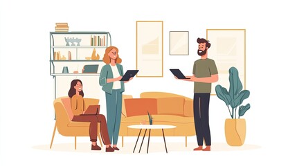 Three colleagues collaborate using tablets and laptops in a modern living room.