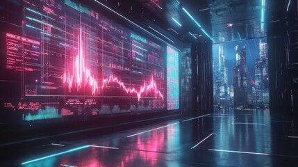 Futuristic data center corridor with vibrant stock market graph display and city view.