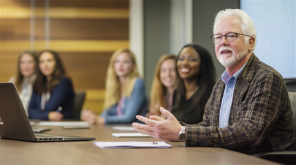 A senior professional in a business meeting, speaking confidently in a modern office, surrounded by attentive colleagues. A display of experience and leadership.