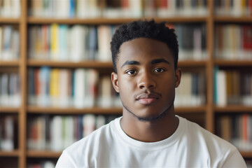 A young man sitting in a library, looking directly at the camera. The background of books reflects learning, focus, and the pursuit of knowledge in a calm space.