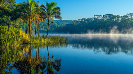 Serene tropical lake at sunrise with mist and palm trees reflecting on water