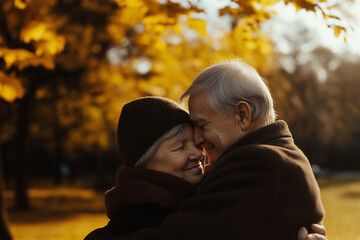 Fototapeta premium Elderly couple embracing in a golden autumn park, surrounded by falling leaves, celebrating love and companionship.