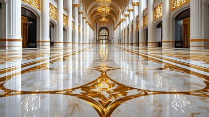 elegant castle interior, polished gold marble floors, intricate golden details, majestic ambiance, isolated on white background