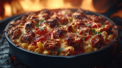 Fire-baked mac and cheese with meatballs and pepperoni. - Powered by Adobe