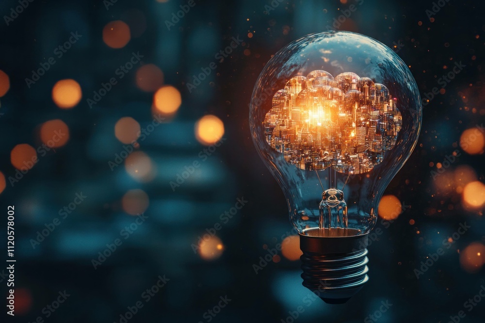 Poster bright glowing light bulb with intricate filament shining against a dark background filled with boke