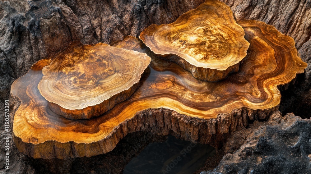 Poster polished wood slices nested in a tree trunk, showcasing rich grain and color variations.