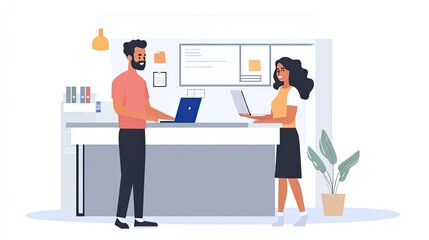 Obraz premium Two colleagues collaborate on laptops in a modern office.