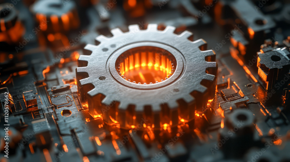 Poster glowing gear in futuristic circuitry - illuminated mechanical component with technological pattern