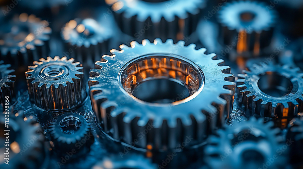 Poster close-up of interlocking metallic gears and cogs in machinery