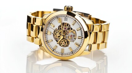 A luxurious gold watch with a transparent dial showcasing intricate mechanical movements.