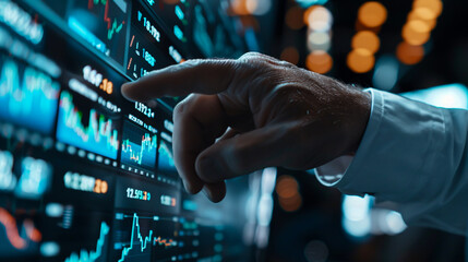 Trader examining stock market data on a screen.