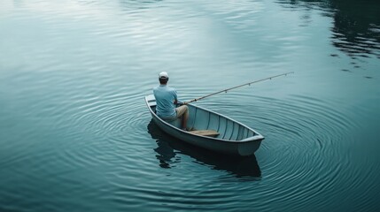 Obraz premium Fisherman in a small rowboat, holding a fishing rod, ripples on the water generative ai