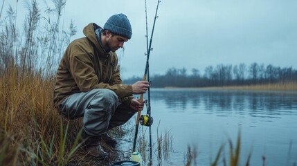 Fisherman kneeling near a fishing rod, organizing equipment by the water. generative ai