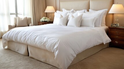 A luxurious bedroom featuring a large white bed with decorative pillows and elegant furnishings.