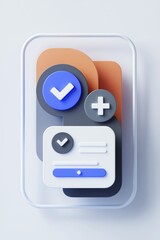 Abstract technology interface with check marks and plus sign on a gradient background.