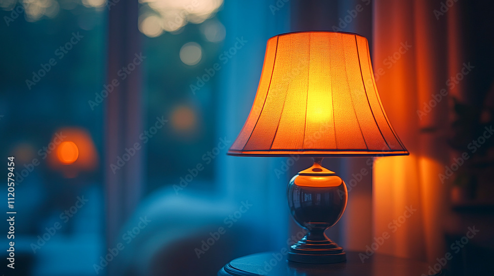 Poster warmly lit table lamp in cozy evening setting by a window