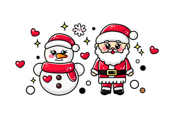 Set of vector cute kawaii outline illustration of Santa Claus and snowman with red beanie in full height isolated on white background