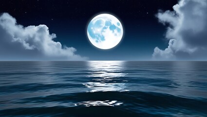 Digital artwork of a tranquil night seascape with a luminous full moon, starry sky, glowing ocean surface, fluffy clouds, and a mystical, serene ambiance.