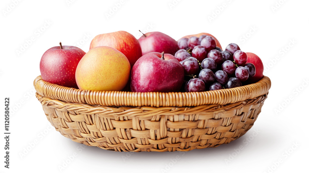 Poster a woven basket filled with colorful apples and clusters of dark grapes sits isolated against a trans