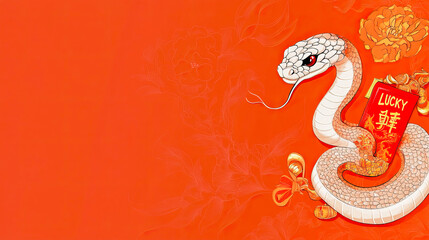 Obraz premium Festive chinese new year snake with red envelopes and flowers on orange background