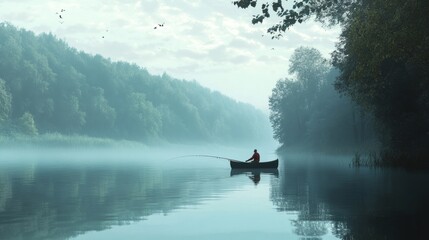 Fototapeta premium Fisherman installing fishing tackle, with a calm river and a distant forest, generative ai