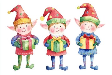 Cheerful Watercolor Christmas Elves Holding Colorful Presents in Festive Attire with Pointed Hats and Big Smiles for Holiday Decoration and Greeting Cards