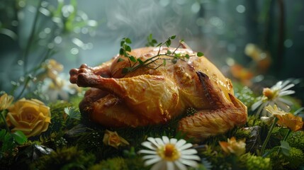 Roasted chicken on mossy bed with flowers, steaming.