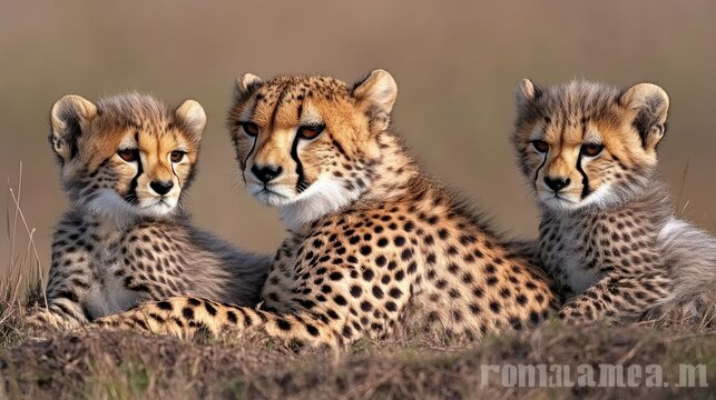 Mother cheetah resting with her two cubs in the african savanna