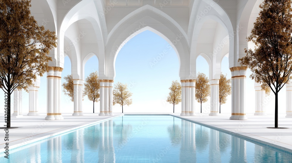 Poster serene architectural space with a reflective pool and trees.