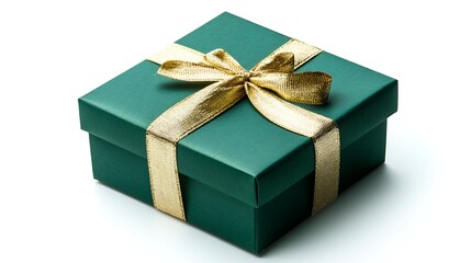 Obraz premium A green Christmas gift box with a gold ribbon isolated on a white background.
