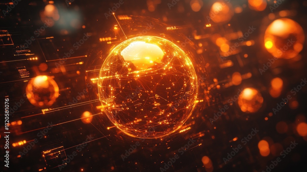 Poster glowing orange digital earth sphere with data streams and particles.