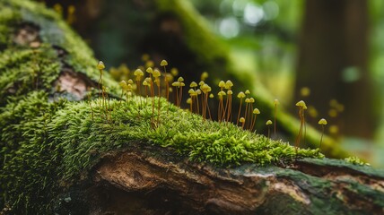 Close-up of lush green moss and tiny mushrooms on a fallen log in a serene forest setting.
