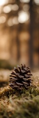 Close-up of pine cone on forest floor with blurred background and autumn light.