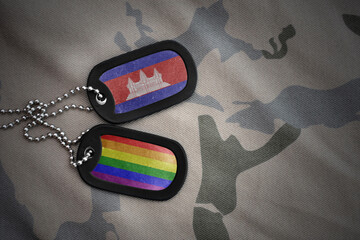 army blank, dog tag with rainbow gay pride flag and cambodia on the khaki texture background....