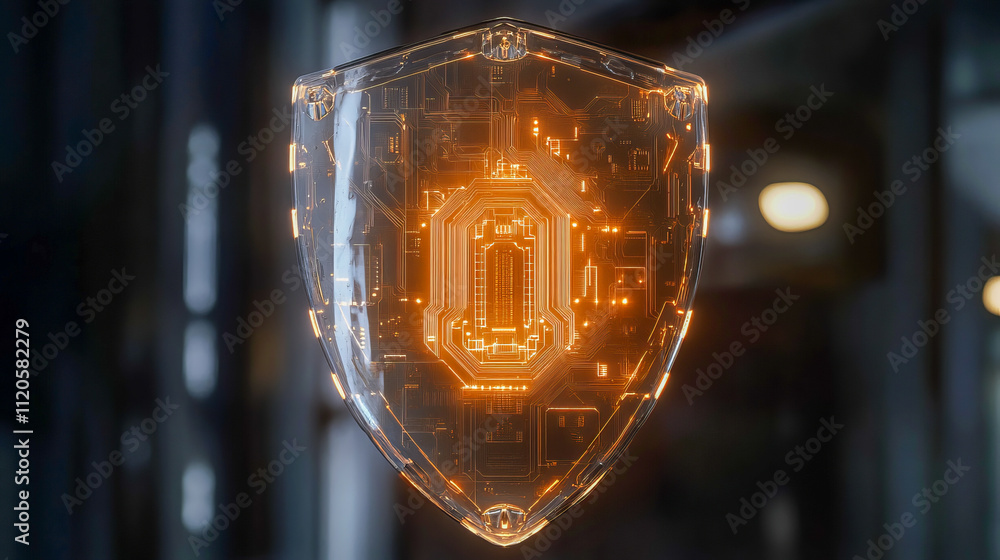 Poster transparent digital shield with illuminated circuitry on dark background
